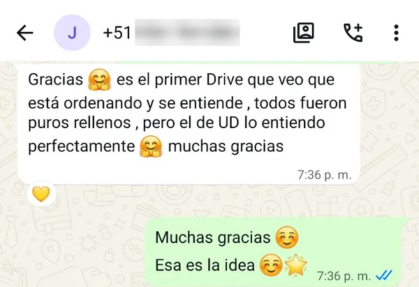 Mensaje de una clienta: Es el primer Drive que veo que está ordenado y se entiende, todos fueron puros rellenos, pero el de usted lo entiendo perfectamente, muchas gracias