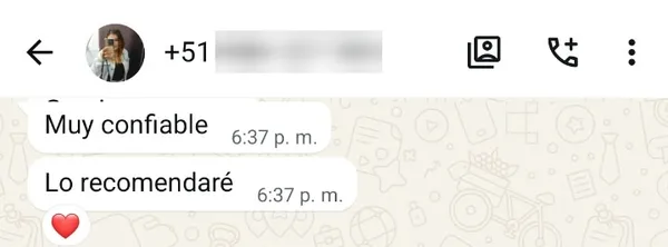 Mensaje de una clienta: Muy confiable. Lo recomendaré